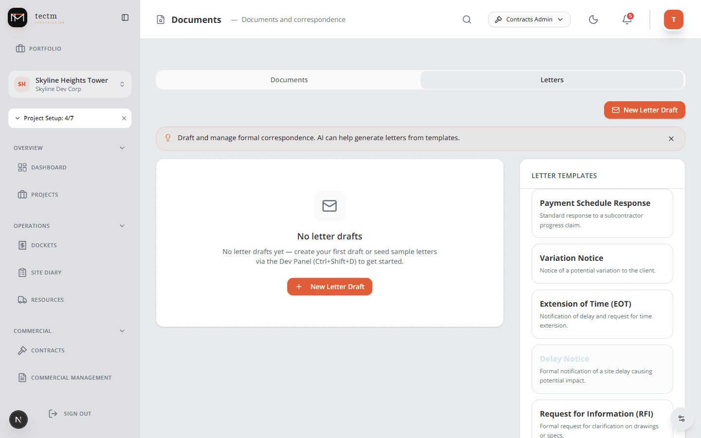 Contract Correspondence with letter templates and AI-powered drafting