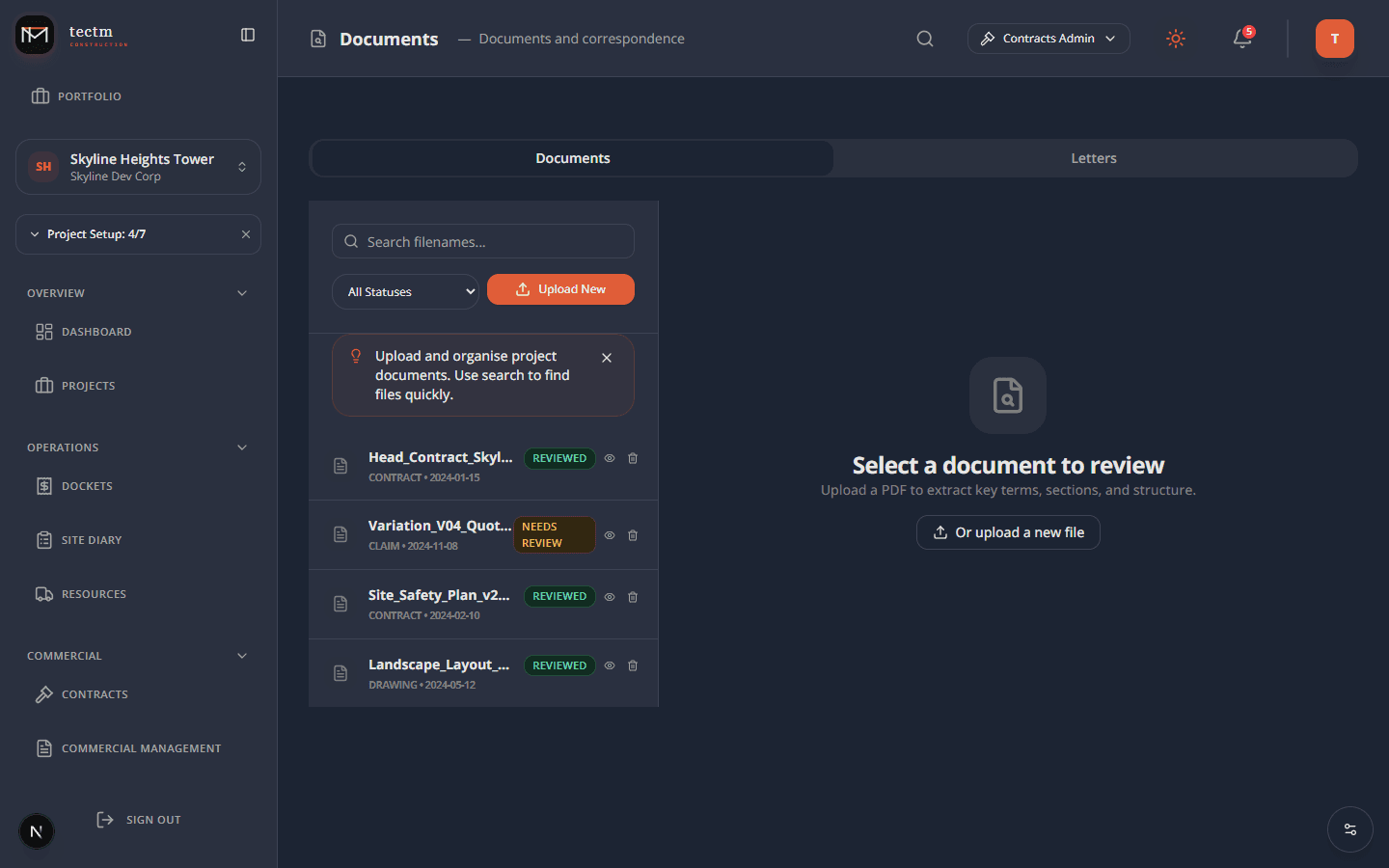 Document Center with file management, status tracking, and review workflow