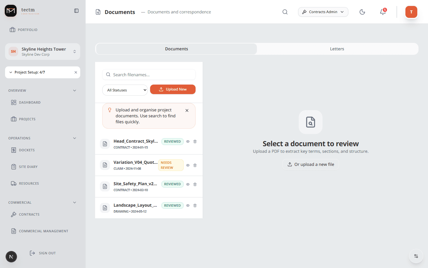 Document Center with file management, status tracking, and review workflow