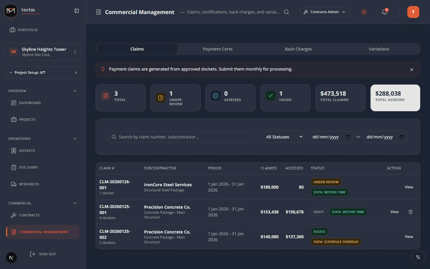 Payment Claims register with claim tracking, status badges, and financial summary