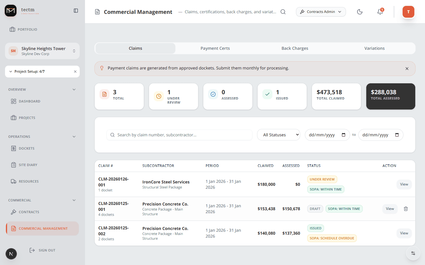 Payment Claims register with claim tracking, status badges, and financial summary