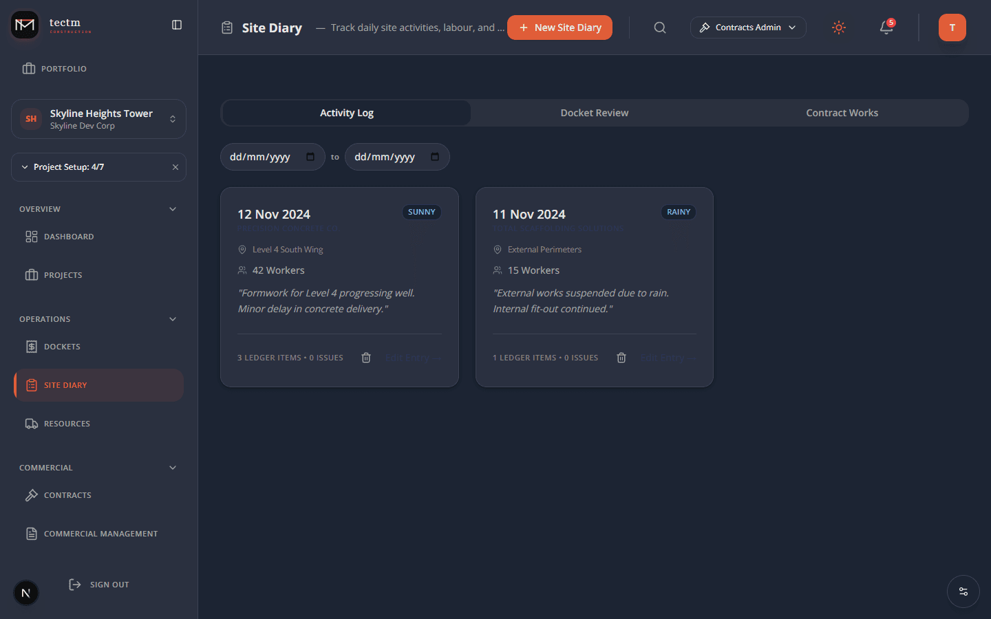 Site Diary with daily activity logs, weather tracking, and worker counts
