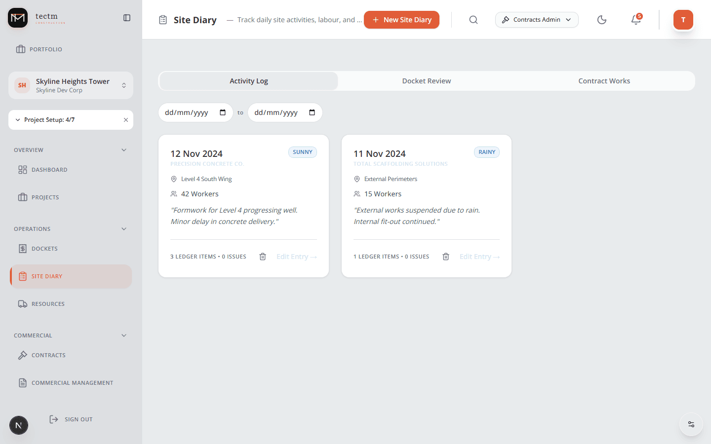Site Diary with daily activity logs, weather tracking, and worker counts