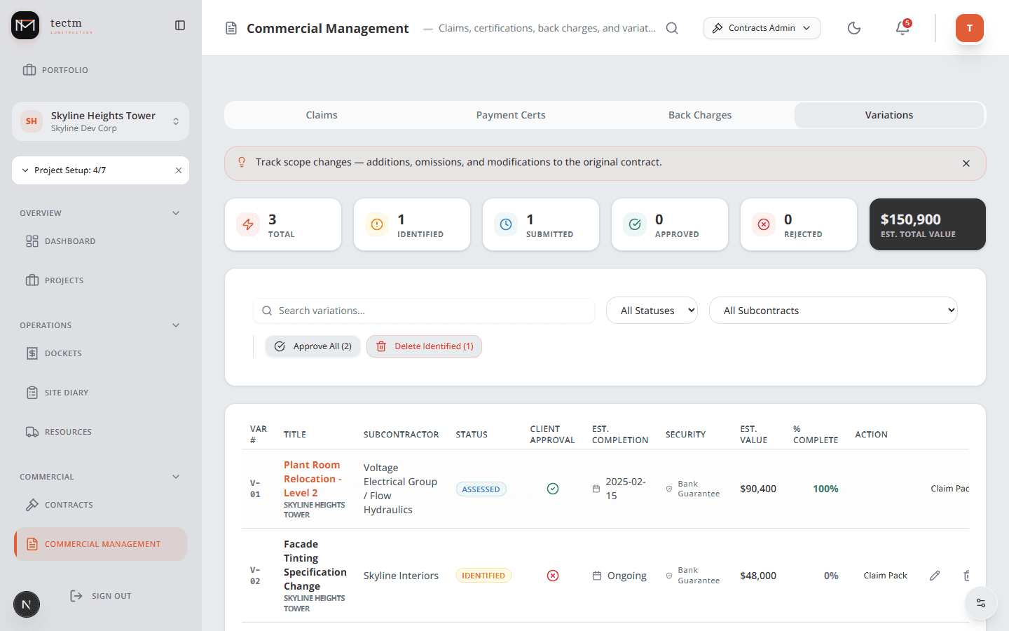 Variations Register with approval workflow, financial tracking, and status management